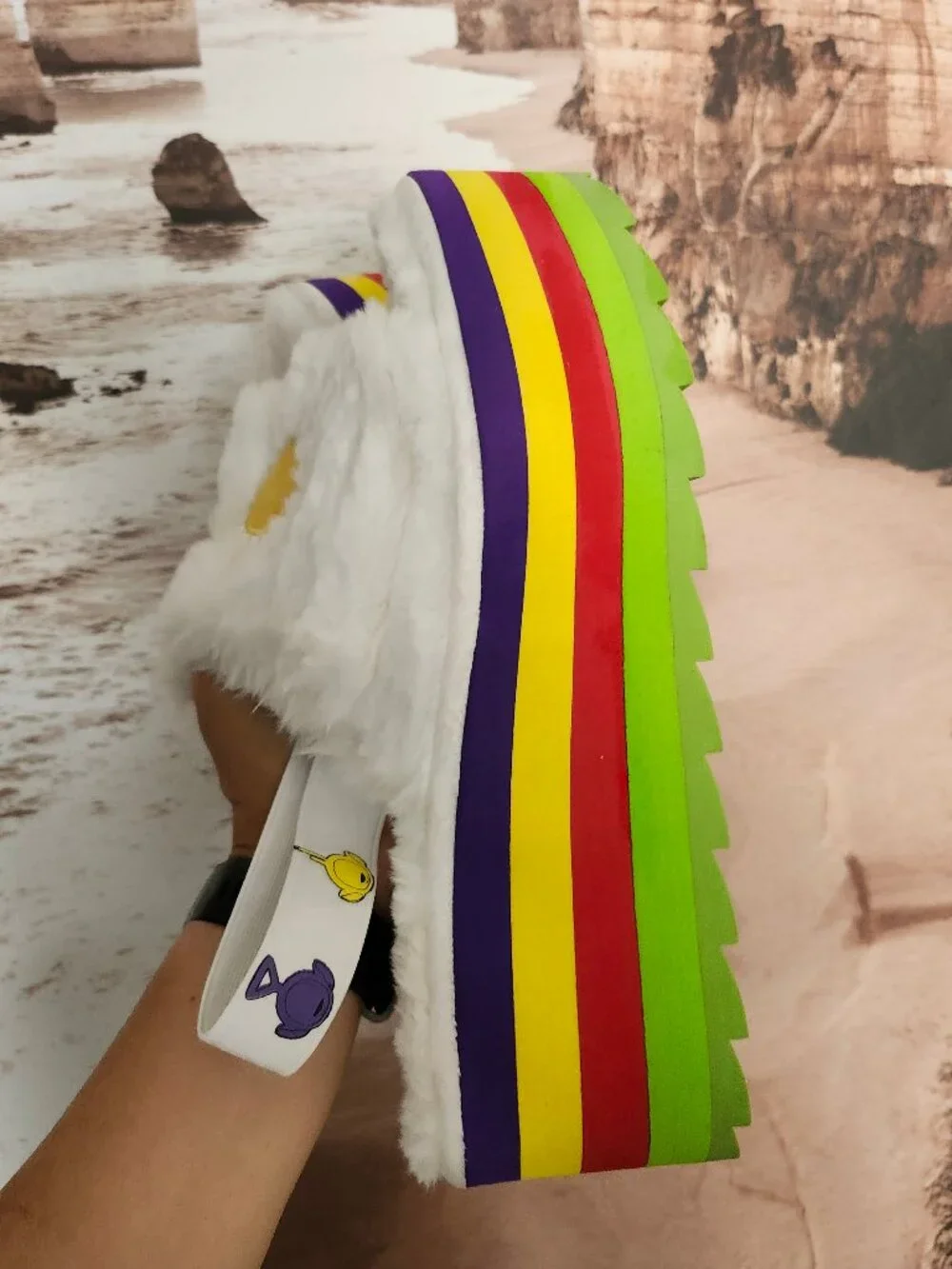 YRU x Teletubbies Qozii Rainbow Sun Platform Plush Slides Y2K Kidcore Rave 12